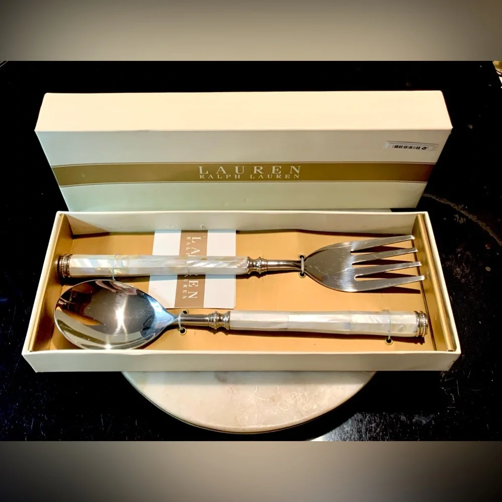 RALPH LAUREN PEARL SALAD SERVERS SET NEW STAINLESS STEEL FORK SPOON